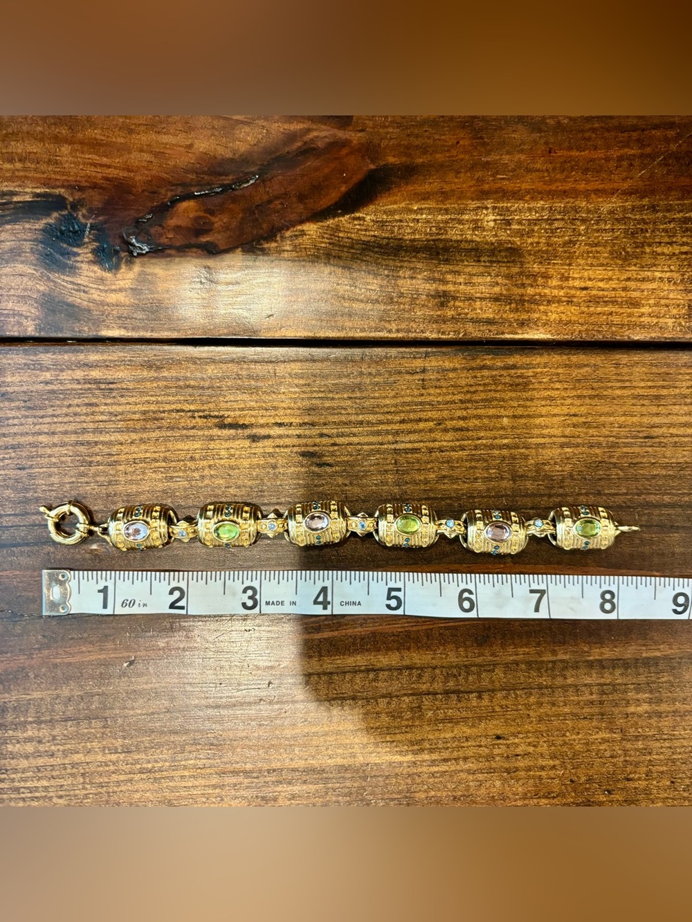 Vintage Premier Designs Gold Bracelet Barrel Links Green Pink Rhinestones - Picture 9 of 10